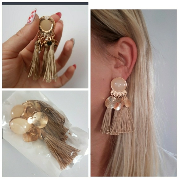 Moonstone Boho Gold Tassel Earrings - Picture 3 of 8
